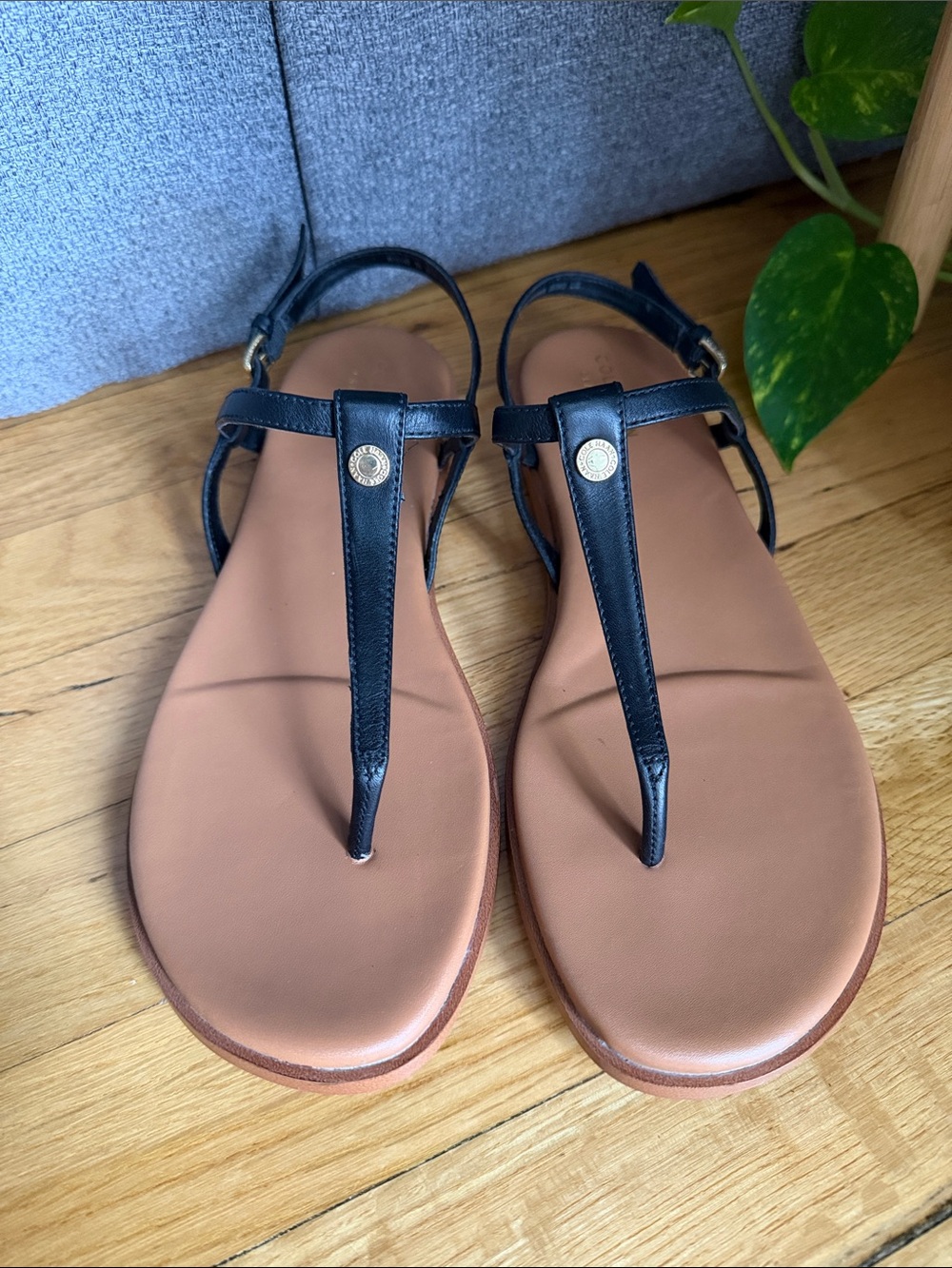 Cole Haan Black and Tan Leather T-Strap Sandals